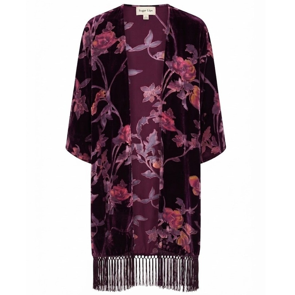 Sugarlips Purple Floral Velvet Burnout Fringe Kimono Cardigan Boho One Size